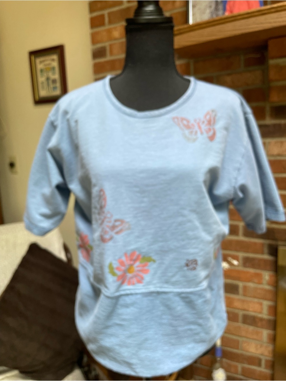 Light Blue Butterfly & Floral Short-Sleeve Women's Top
